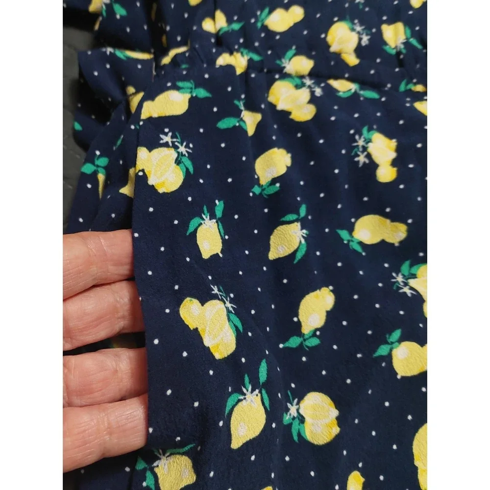 Talbots Shirt Dress 14 Navy Yellow Lemons Button Front Belted Midi Cottage Core - Picture 10 of 12
